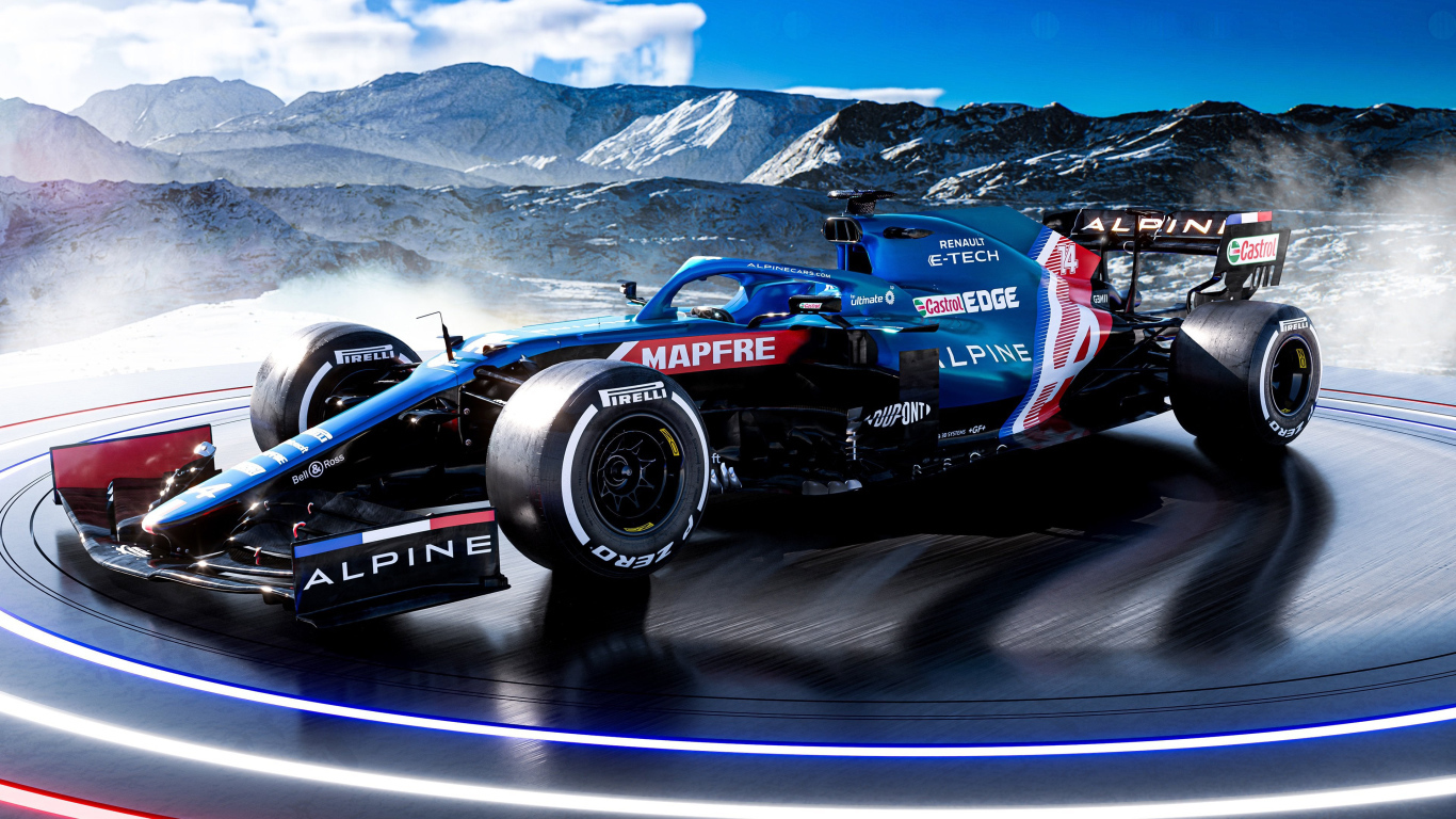 Гоночный Alpine A521 2021 года F1 Car на фоне гор