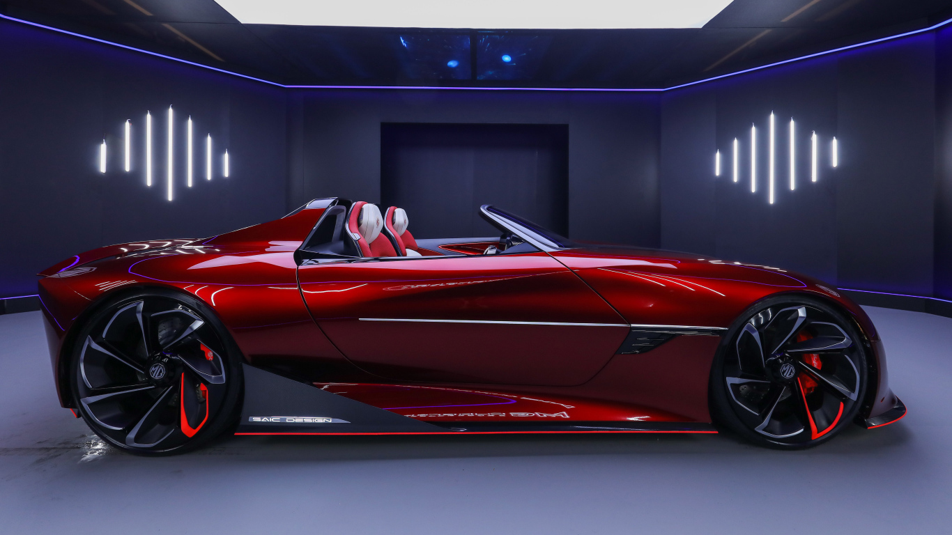 Красный автомобиль MG Cyberster Concept 2021 года вид сбоку
