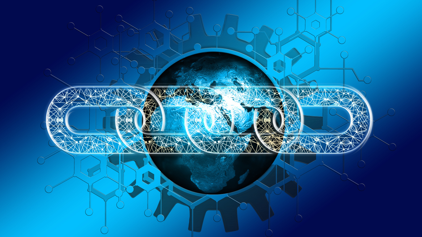 Информационная цепь с планетой земля на синем фоне 