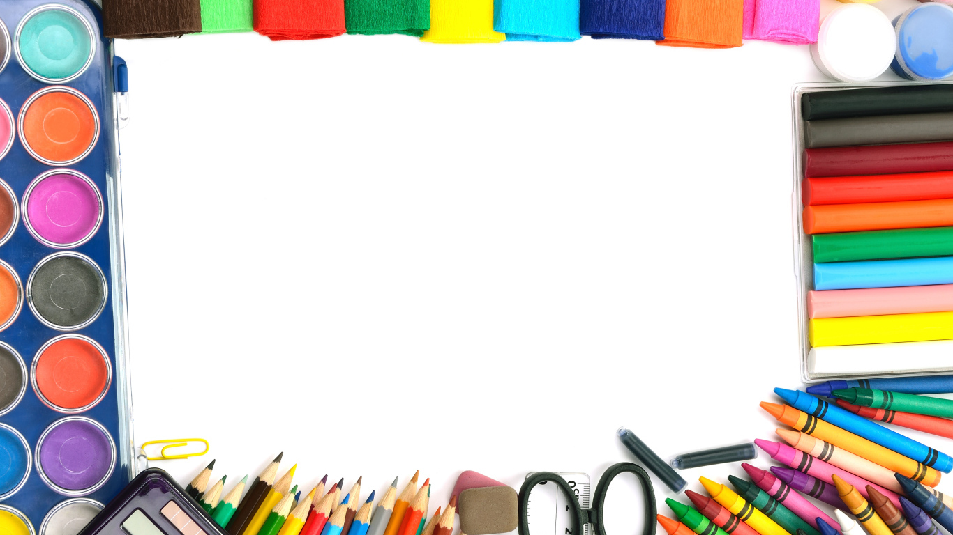 Цветная бумага, краски, фломастеры и карандаши на белом фоне