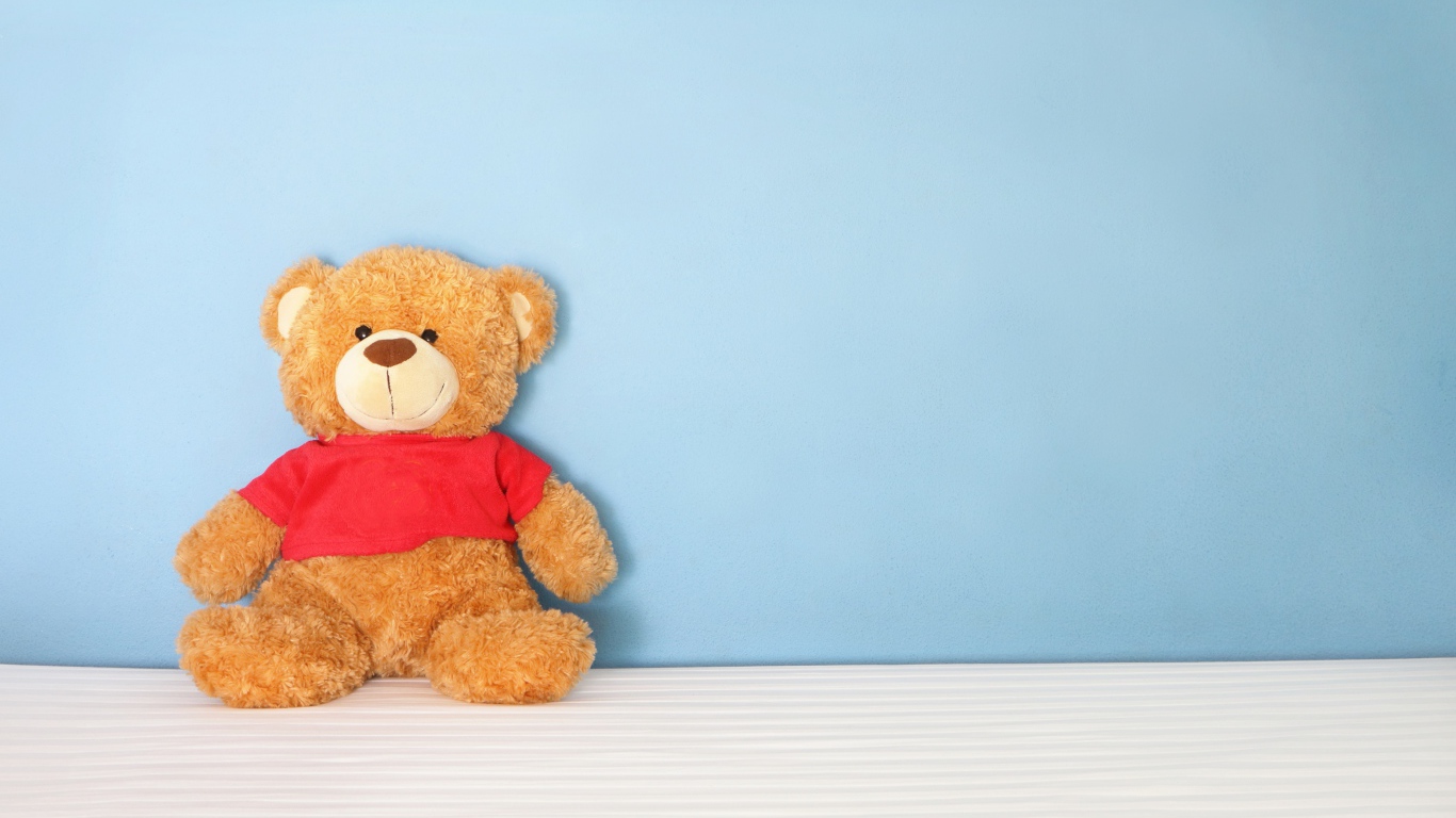 Плюшевый мишка на фоне голубой стены