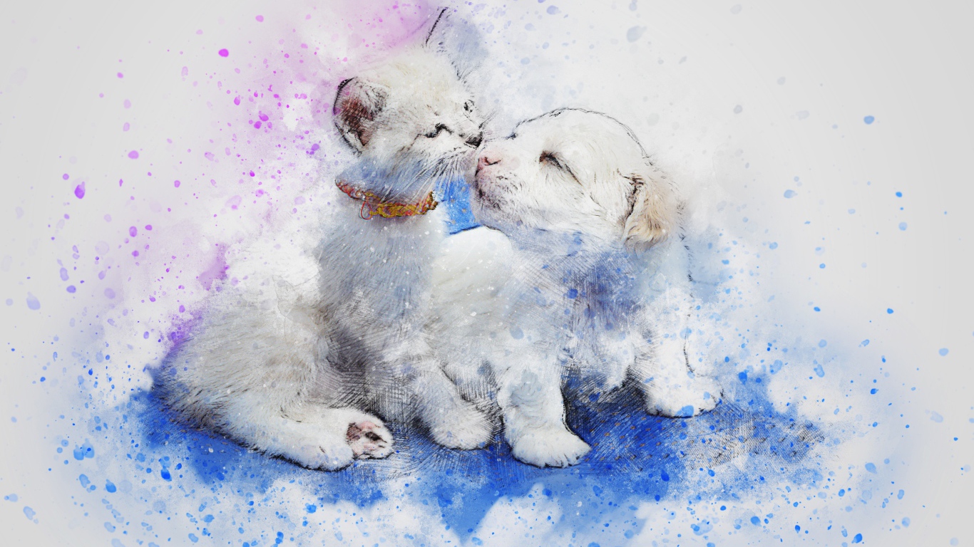 Нарисованные котенок и щенок на сером фоне