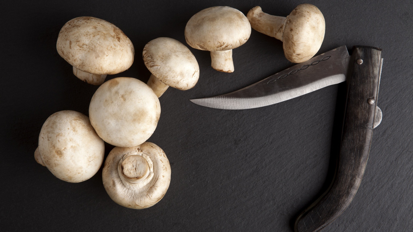 Шампиньоны на сером столе с ножом