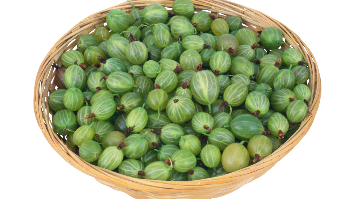 Зеленый крыжовник в корзинке на белом фоне