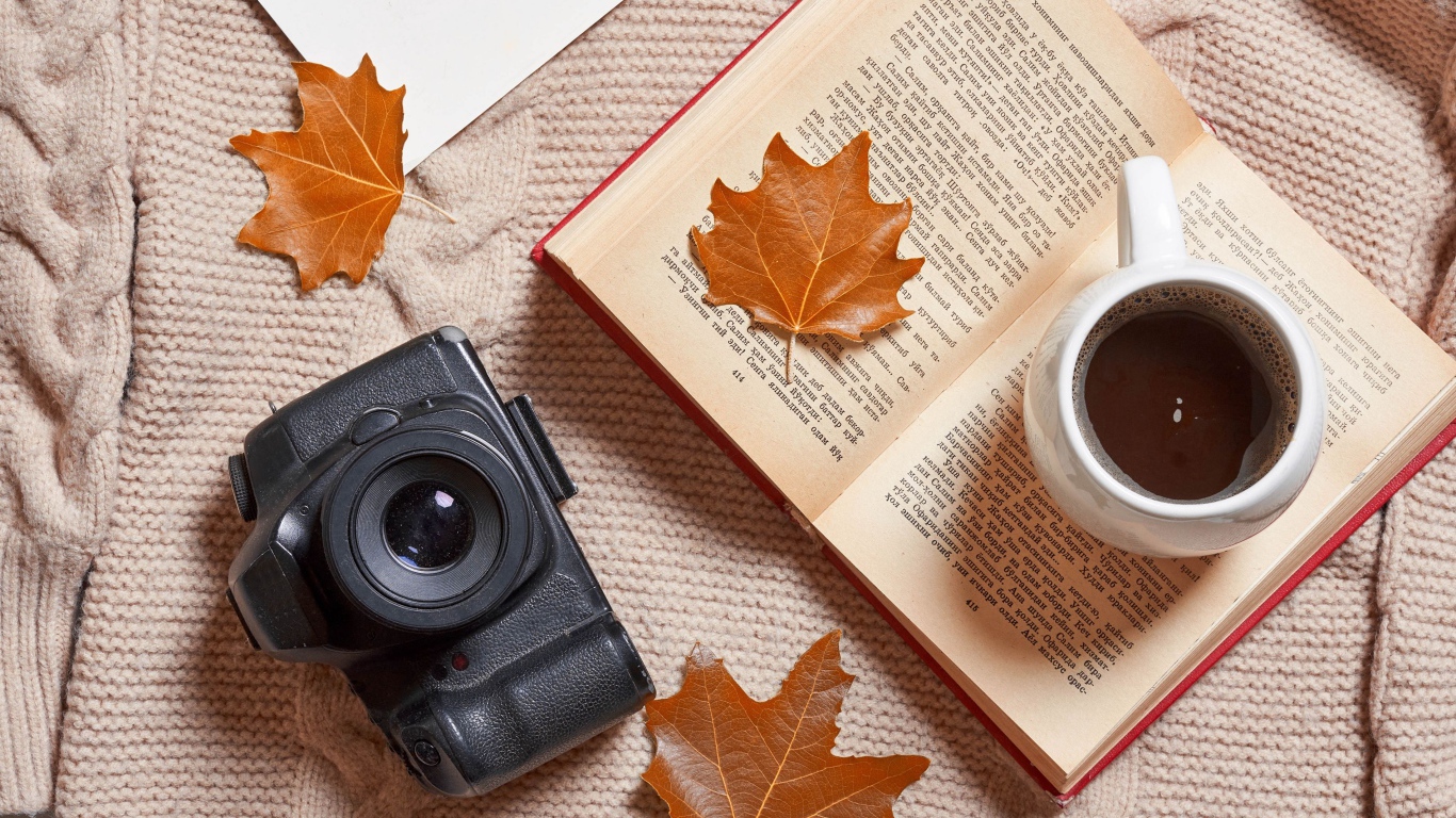 Книга с чашкой чая и фотоаппаратом на теплой кофте
