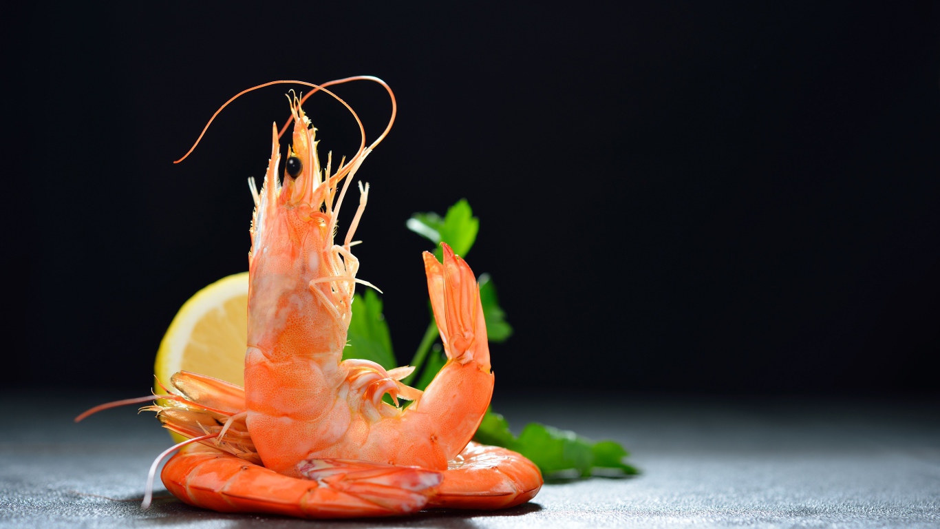 Вареные креветки с лимоном на черном фоне