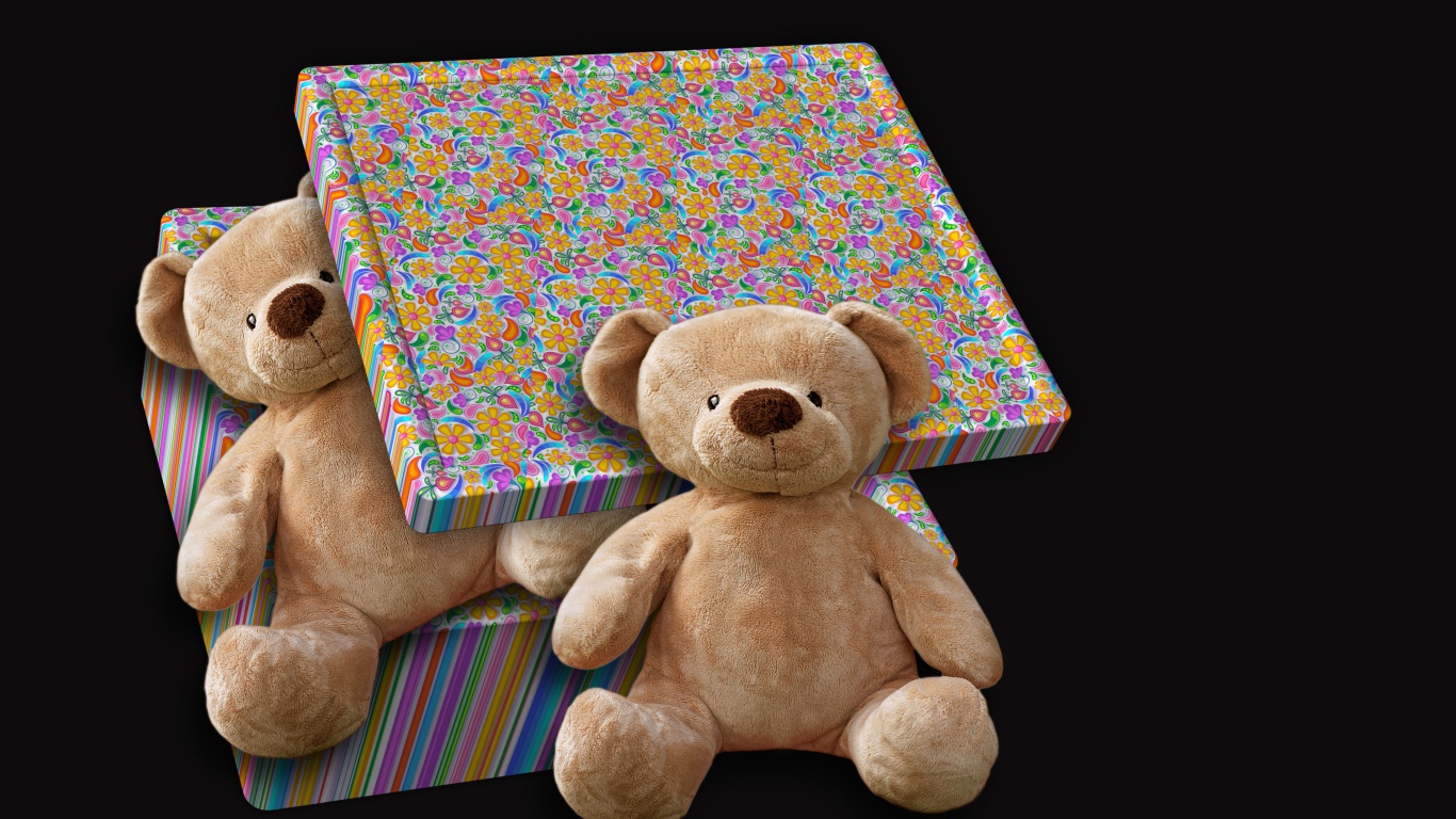 Подарок с плюшевыми медведями на черном фоне