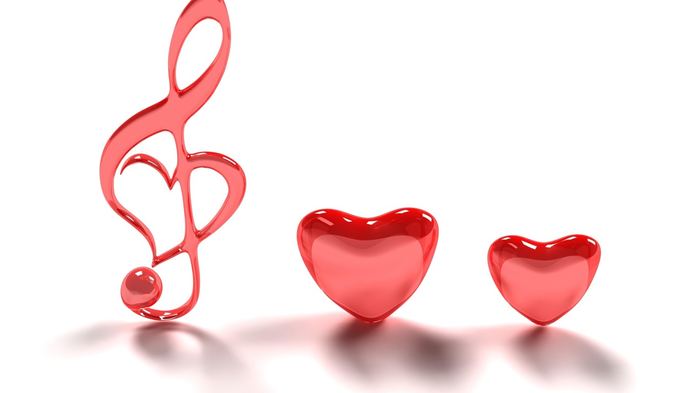 Два красных сердца и нотный знак на белом фоне