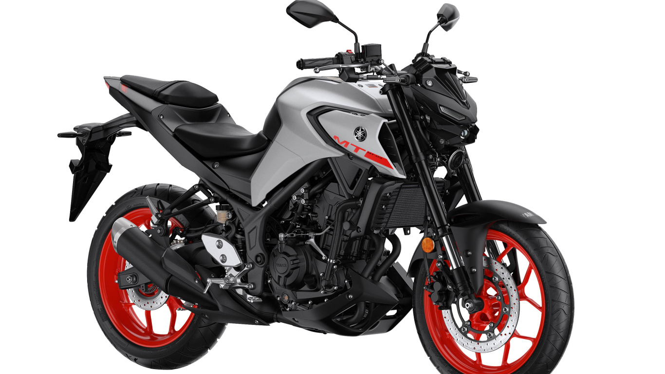 Черный мотоцикл Yamaha MT-03, 2021 года белом фоне