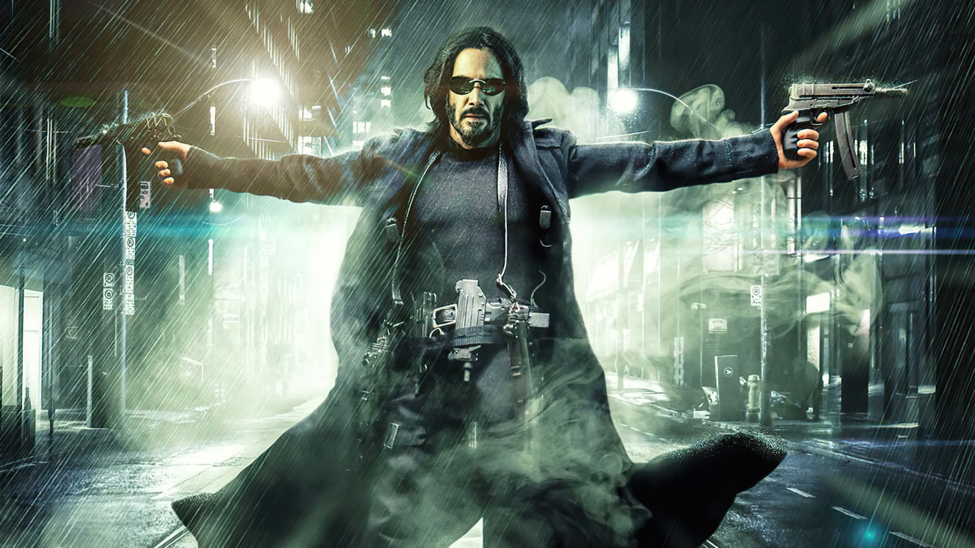 Neo wielding weapons in The Matrix Resurrection, 2021