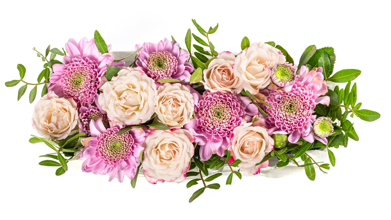 Букет хризантем с белыми розами на белом фоне 