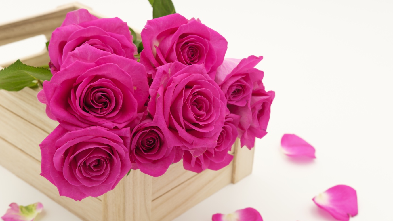 Букет розовых роз в деревянном ящике