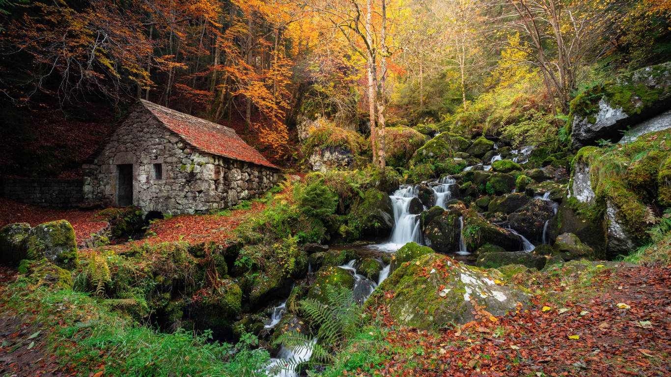Старый каменный дом в осеннем парке с водопадом