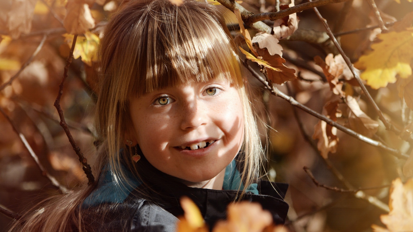 Маленькая девочка в ветках дерева осенью 