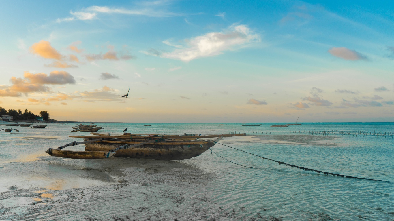 Старая лодка стоит на песке у моря