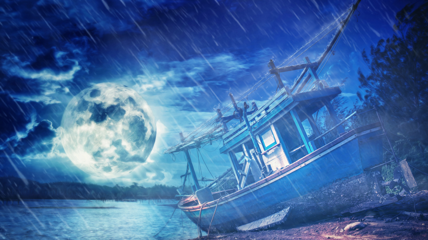 Старая лодка на берегу при свете луны под дождем