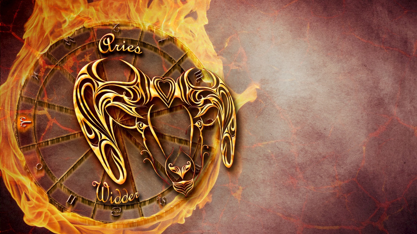 Огненный знак зодиака овен на оранжевом фоне