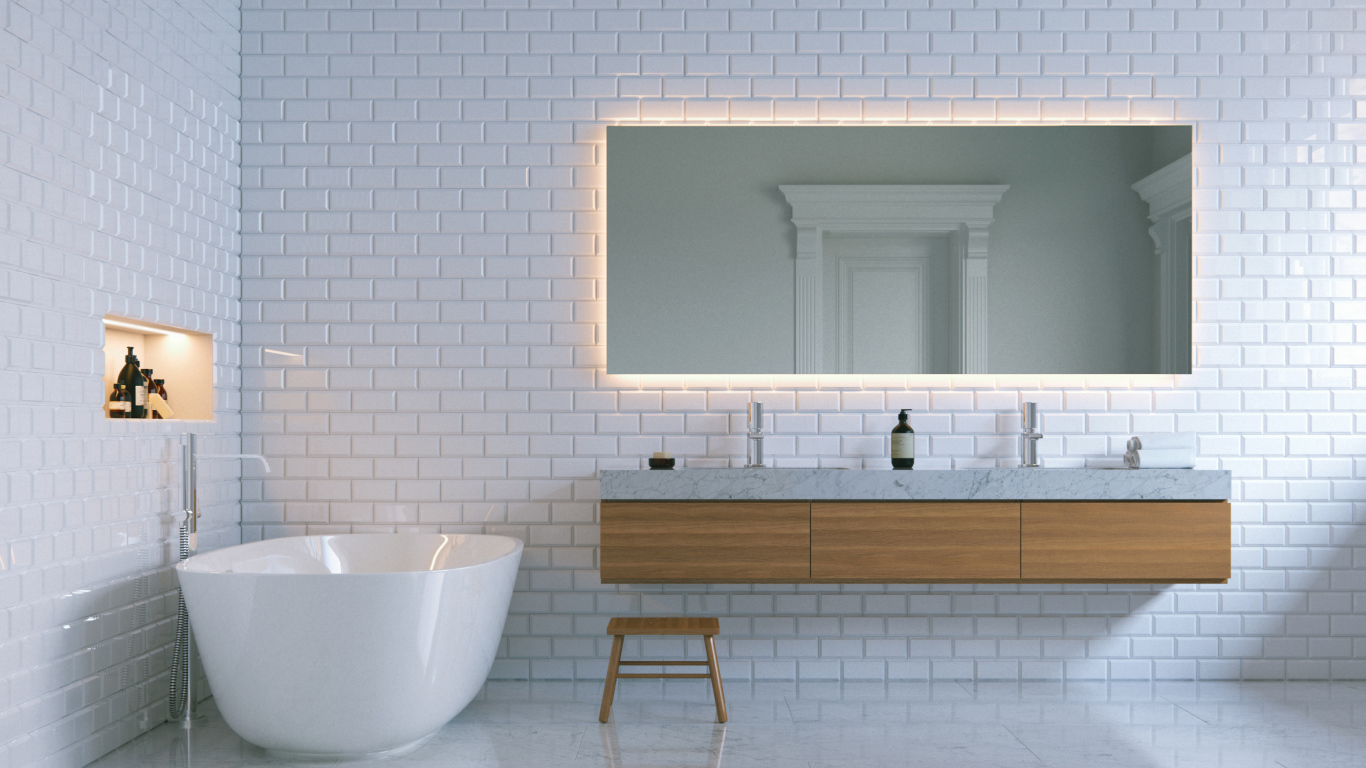 Ванная комната с белыми кирпичными стенами