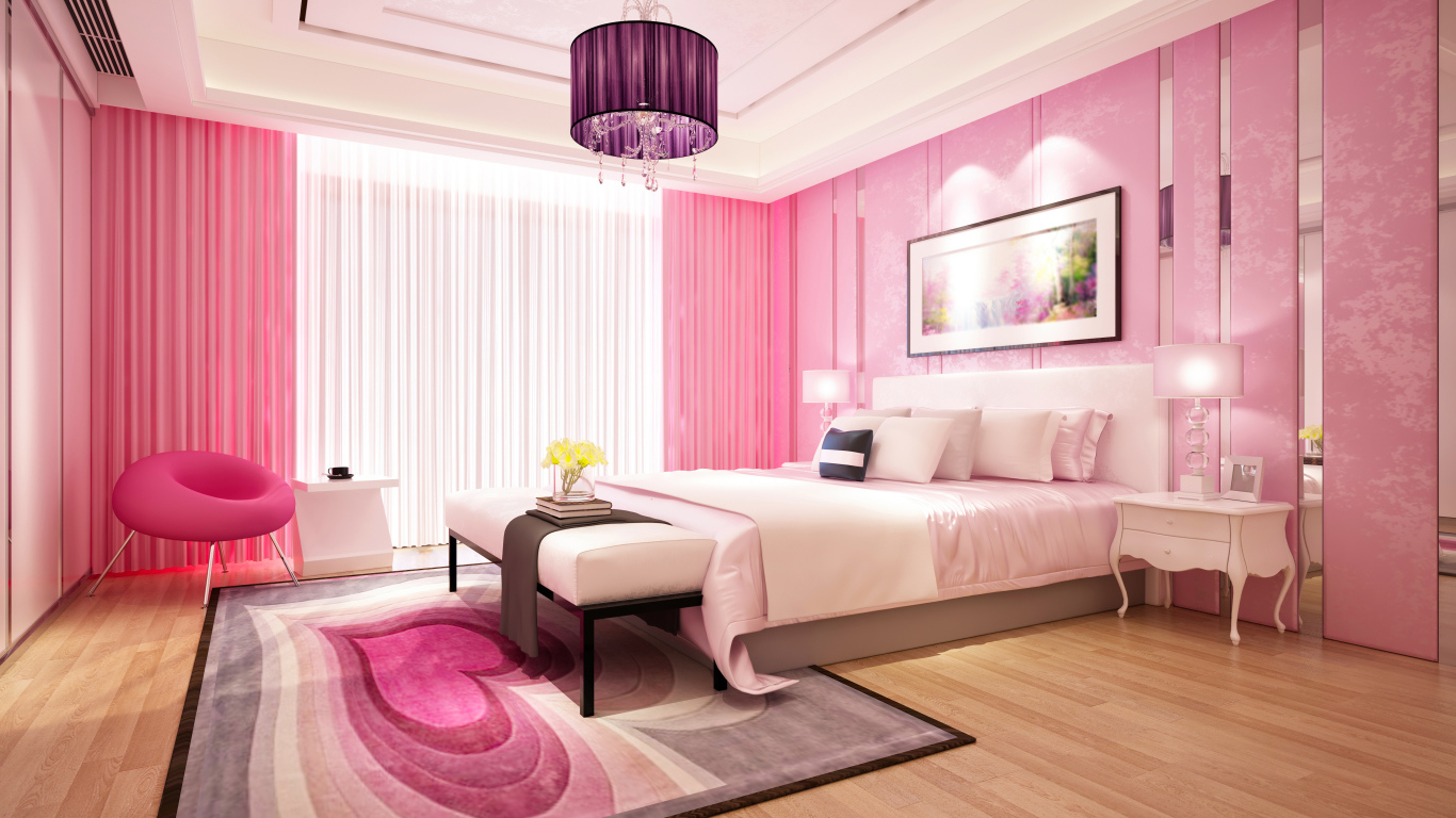 Красивая спальня с розовыми стенами