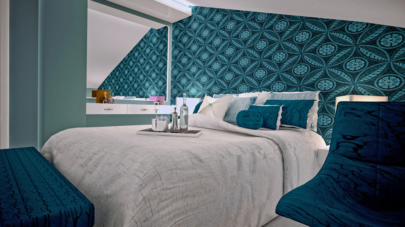 Спальня с большой серой кроватью и красивыми стенами