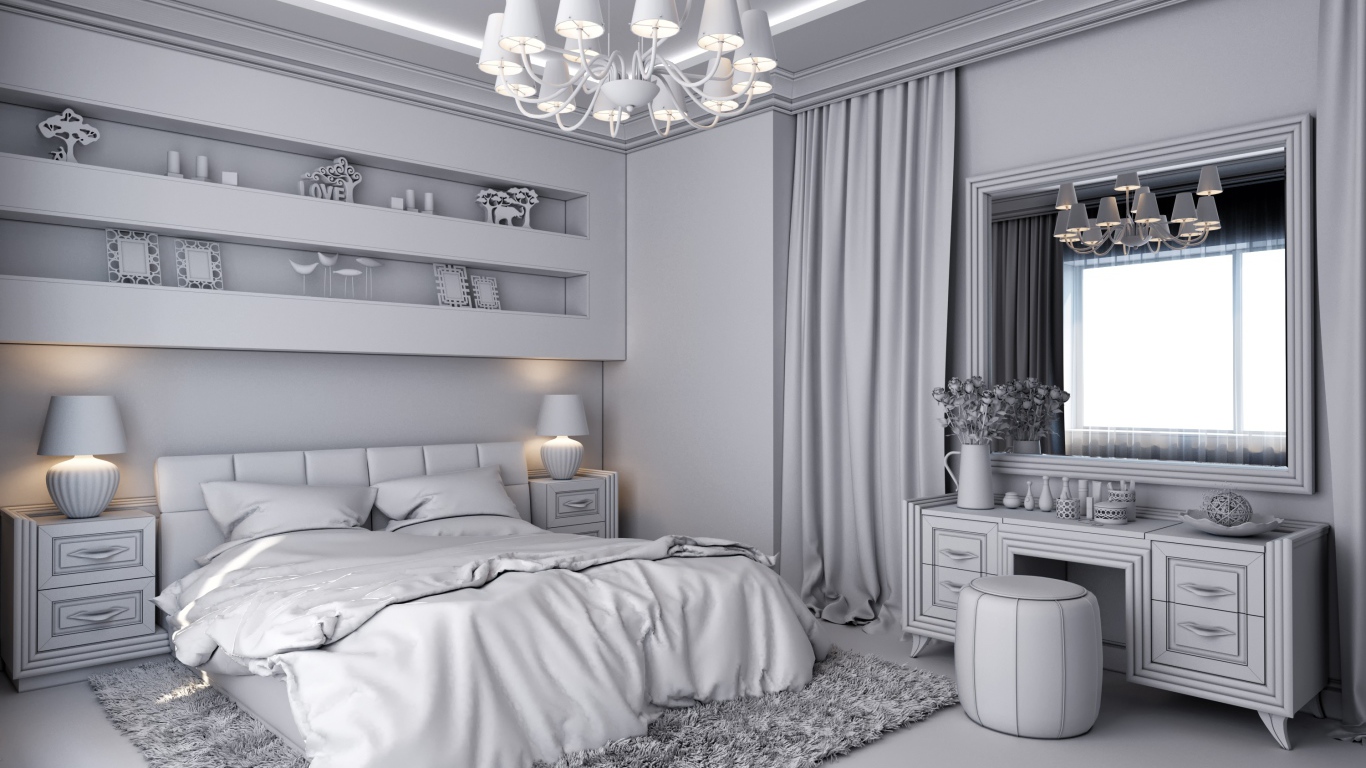 Серый интерьер спальной комнаты с большой люстрой 