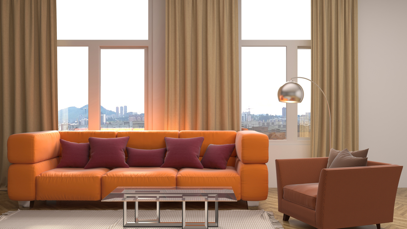 Большой оранжевый диван с подушками у окна 