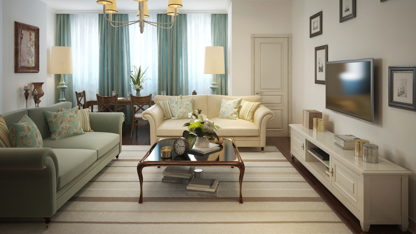 Гостиная комната с голубыми шторами на окне