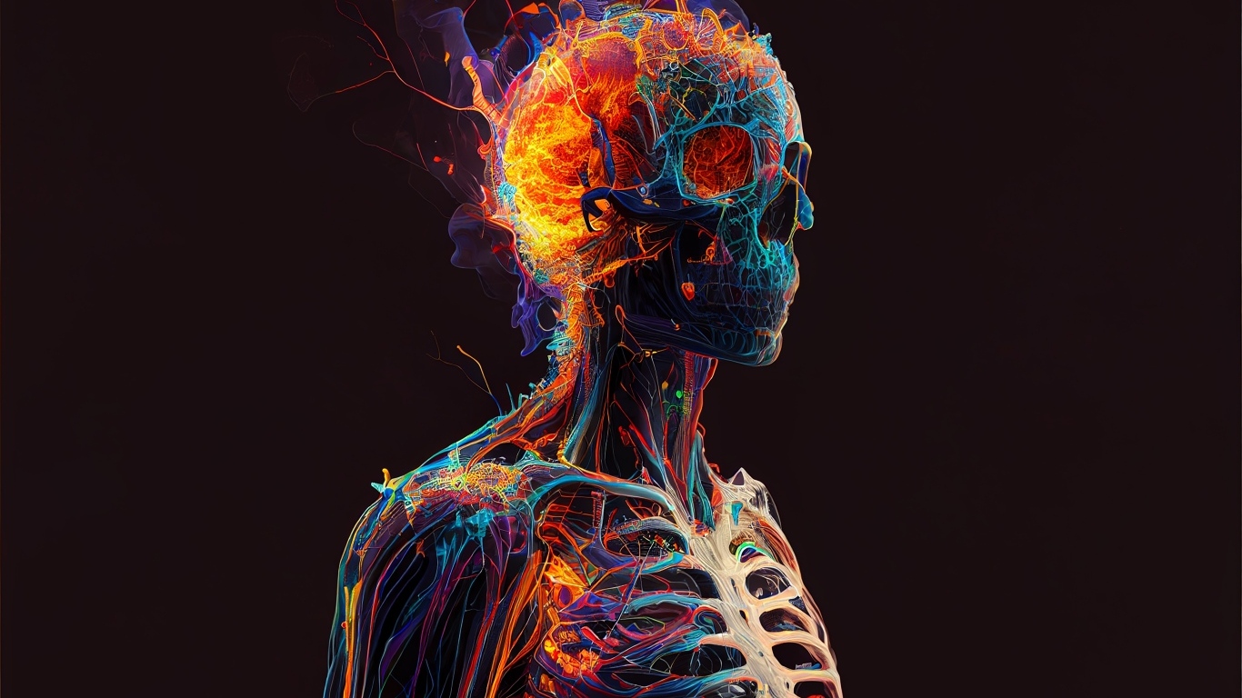 Огненный скелет мужчины на черном фоне