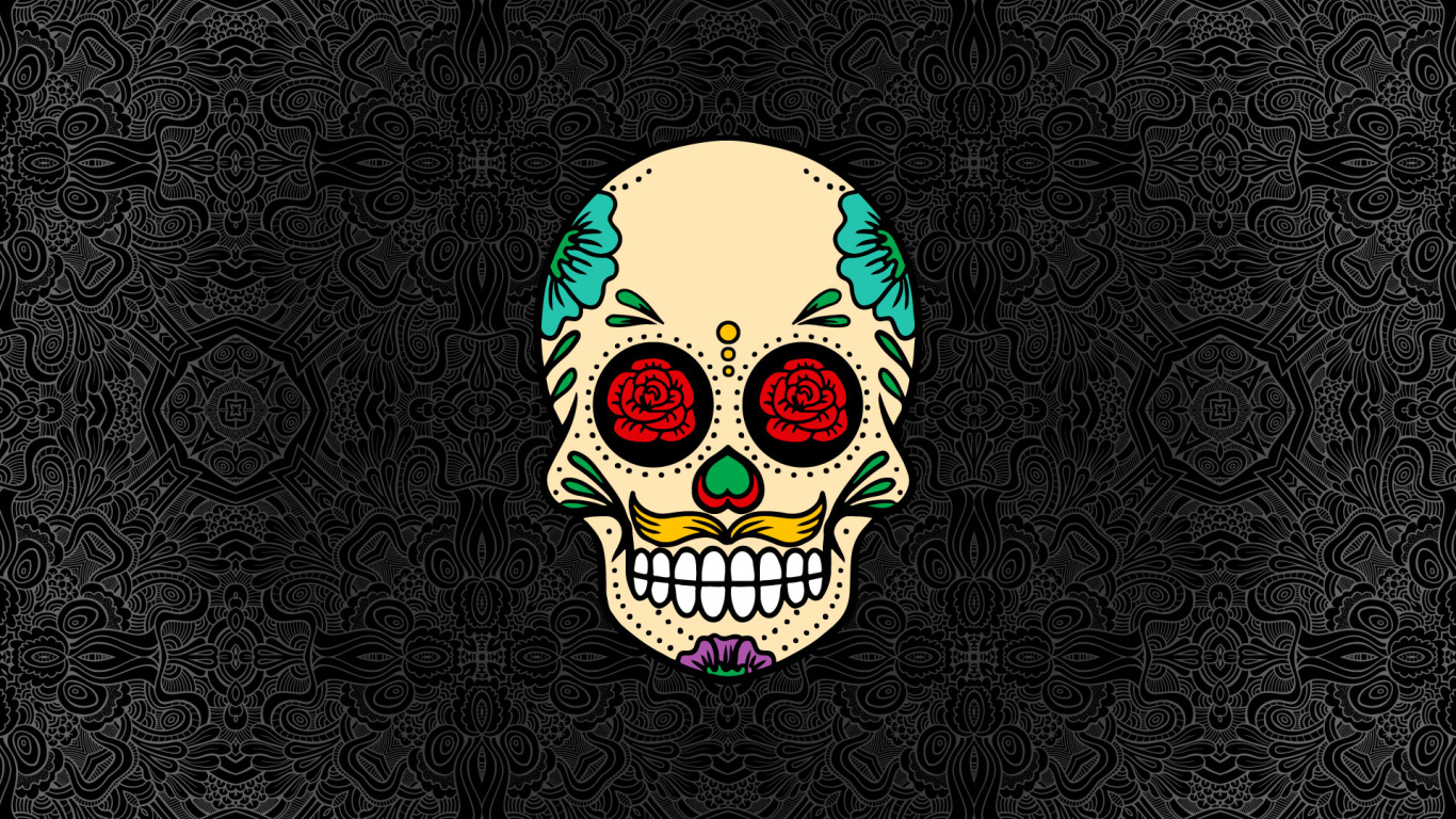 Нарисованный череп на сером фоне с узорами