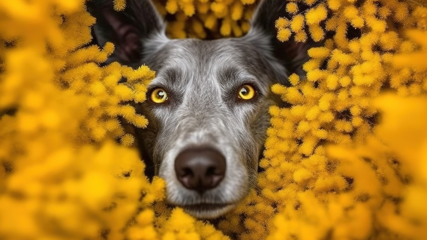 Черная собака в желтых цветах мимозы
