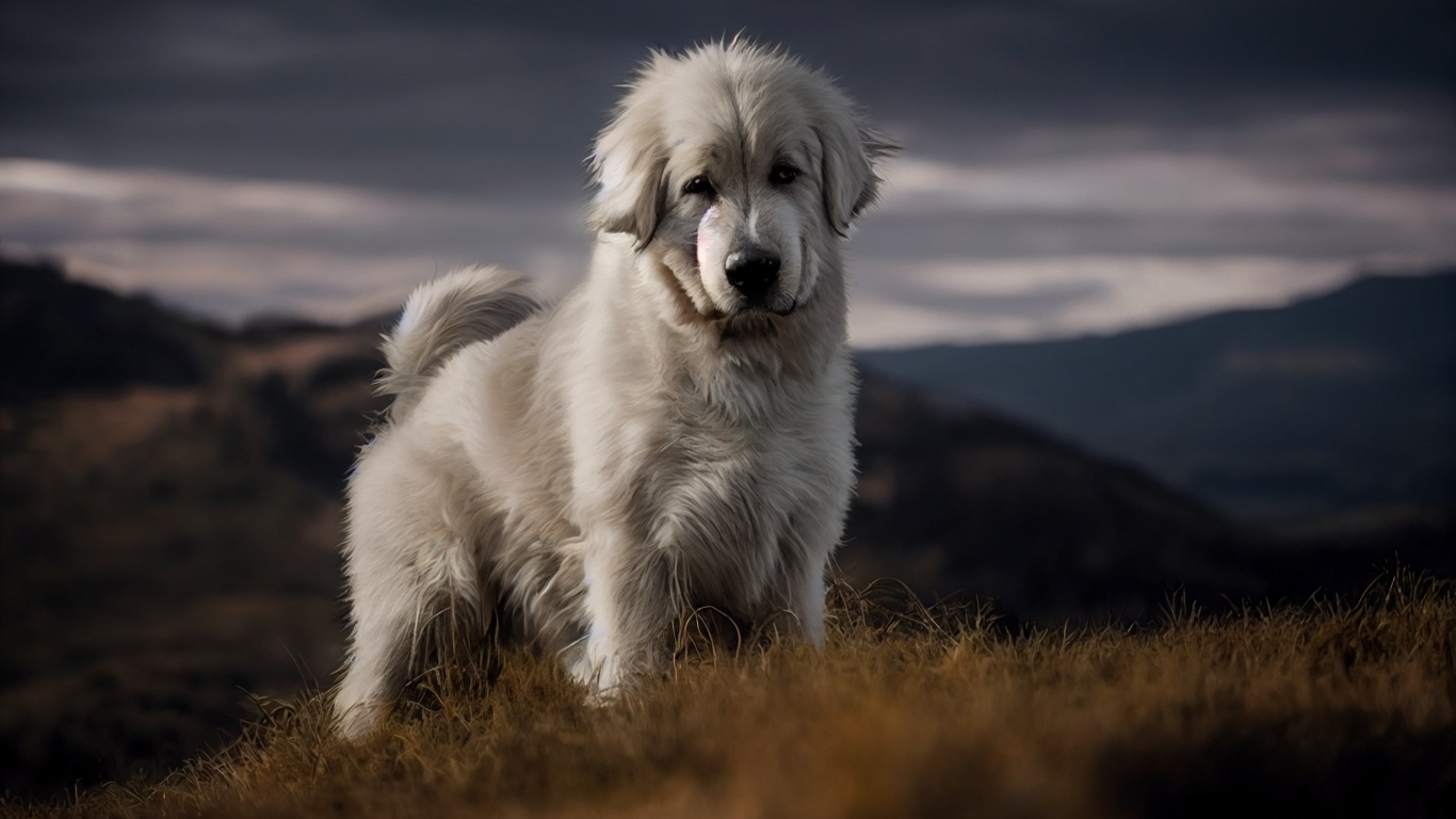Пиренейская горная собака стоит на траве