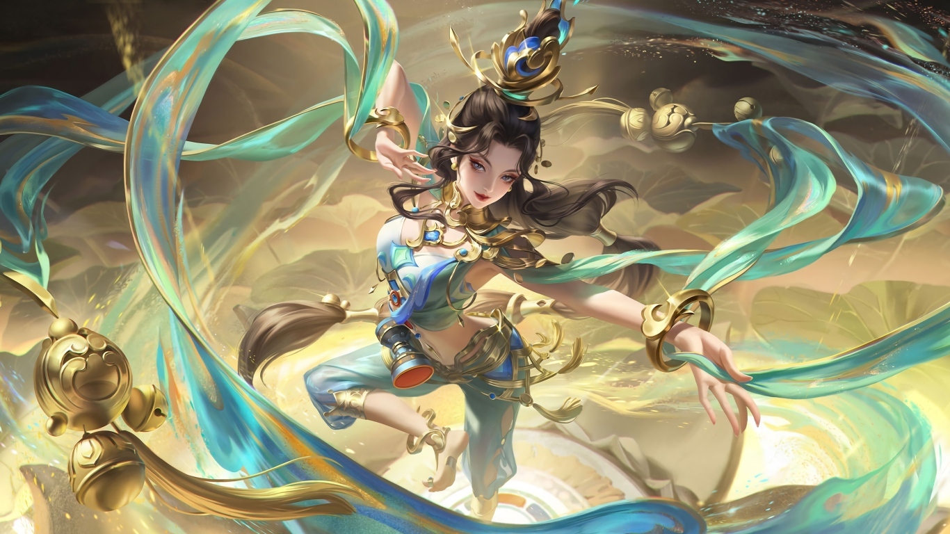 Девушка аниме танцует с голубыми лентами