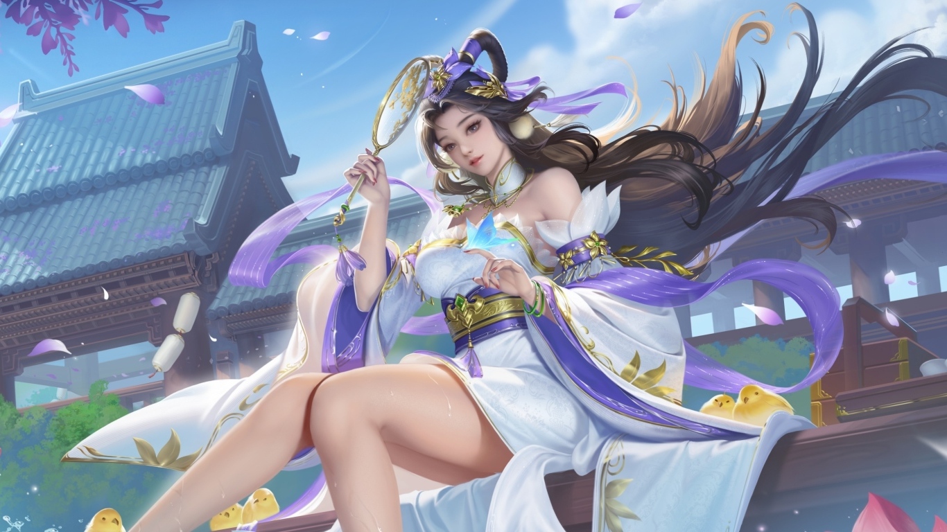 Девушка аниме в красивом платье с зеркалом