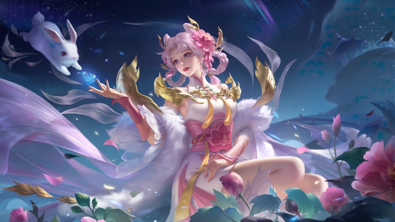 Девушка аниме в воздухе с животными