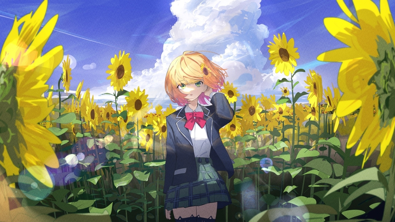 Девушка аниме на поле с подсолнухами