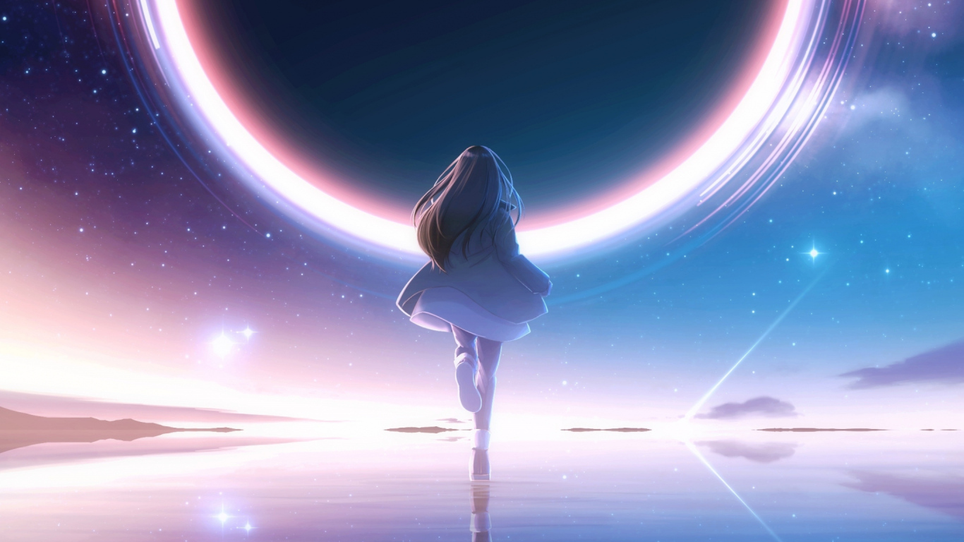 Девушка аниме бежит к яркому кругу в небе