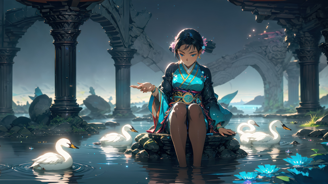 Anime girl sitting in a pond with swans