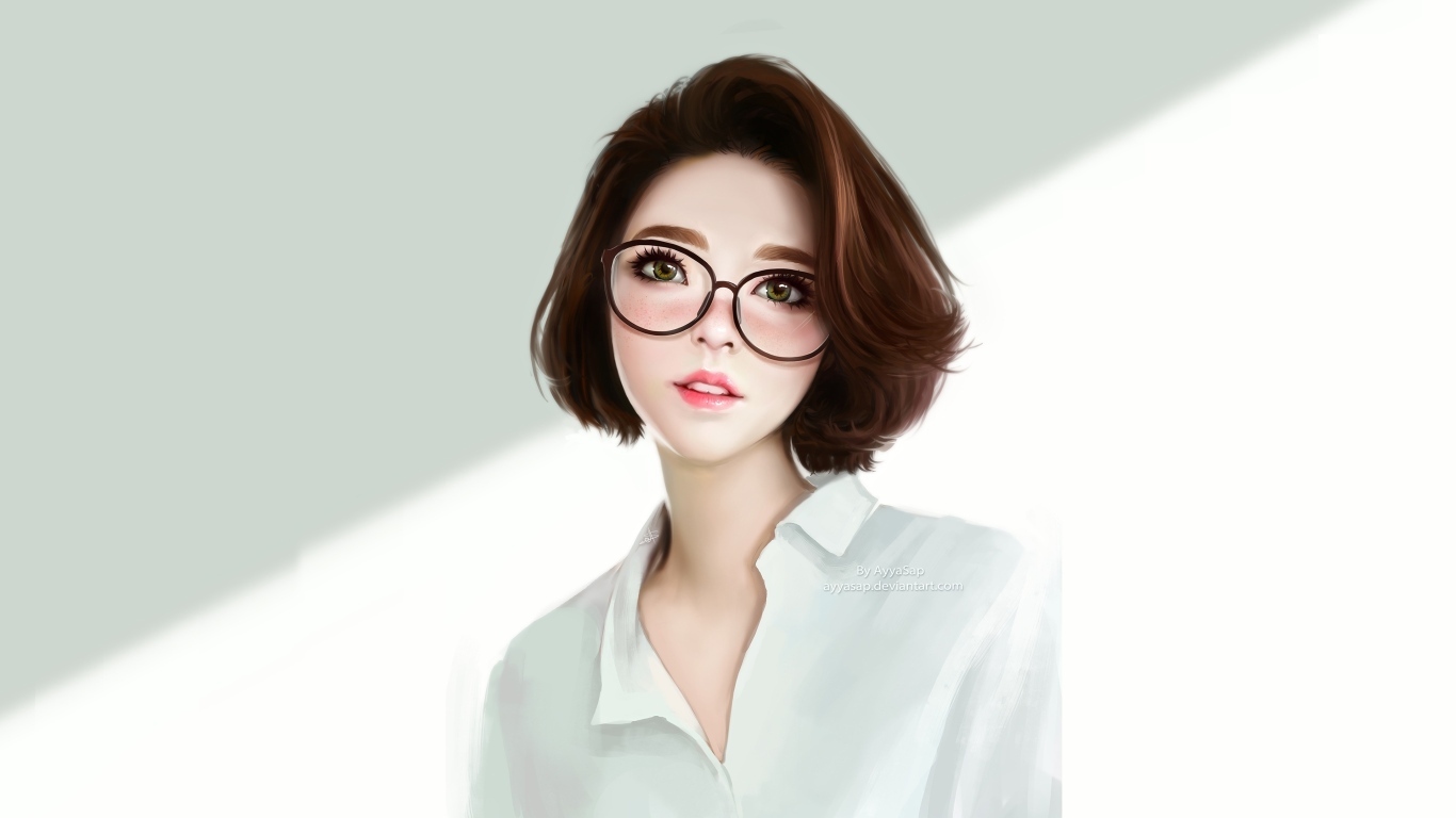 Девушка аниме в очках на белом фоне