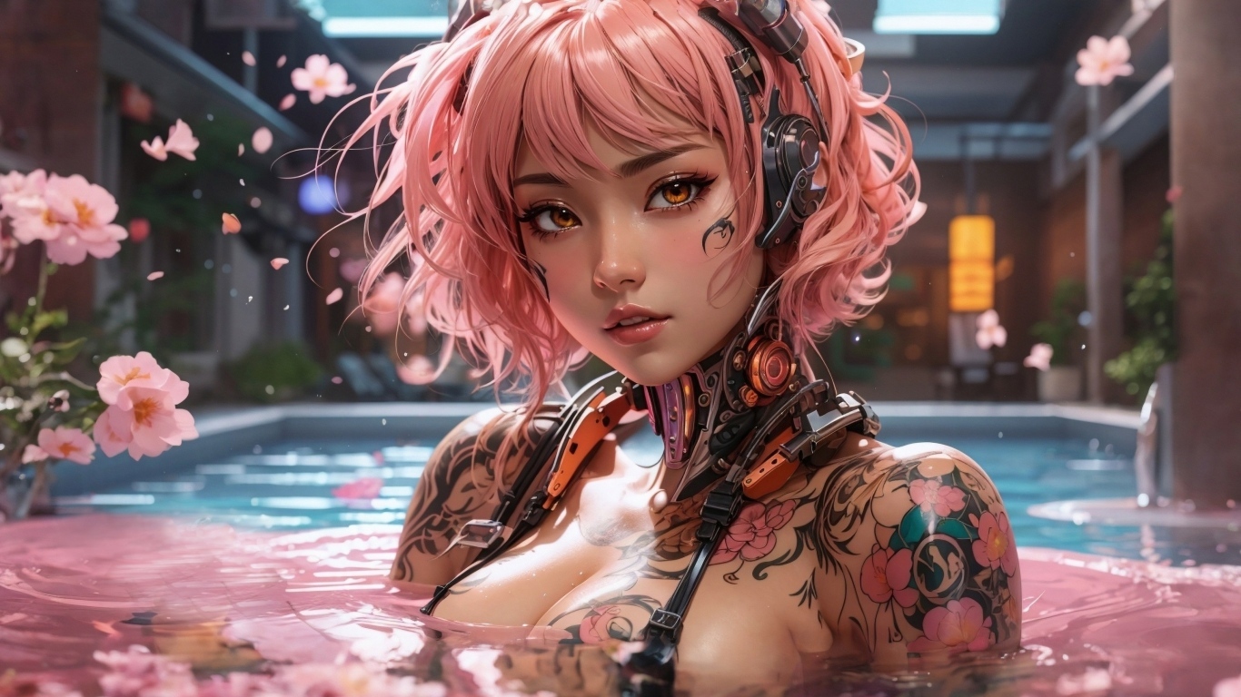 Девушка аниме с розовыми волосами и татуировками на теле
