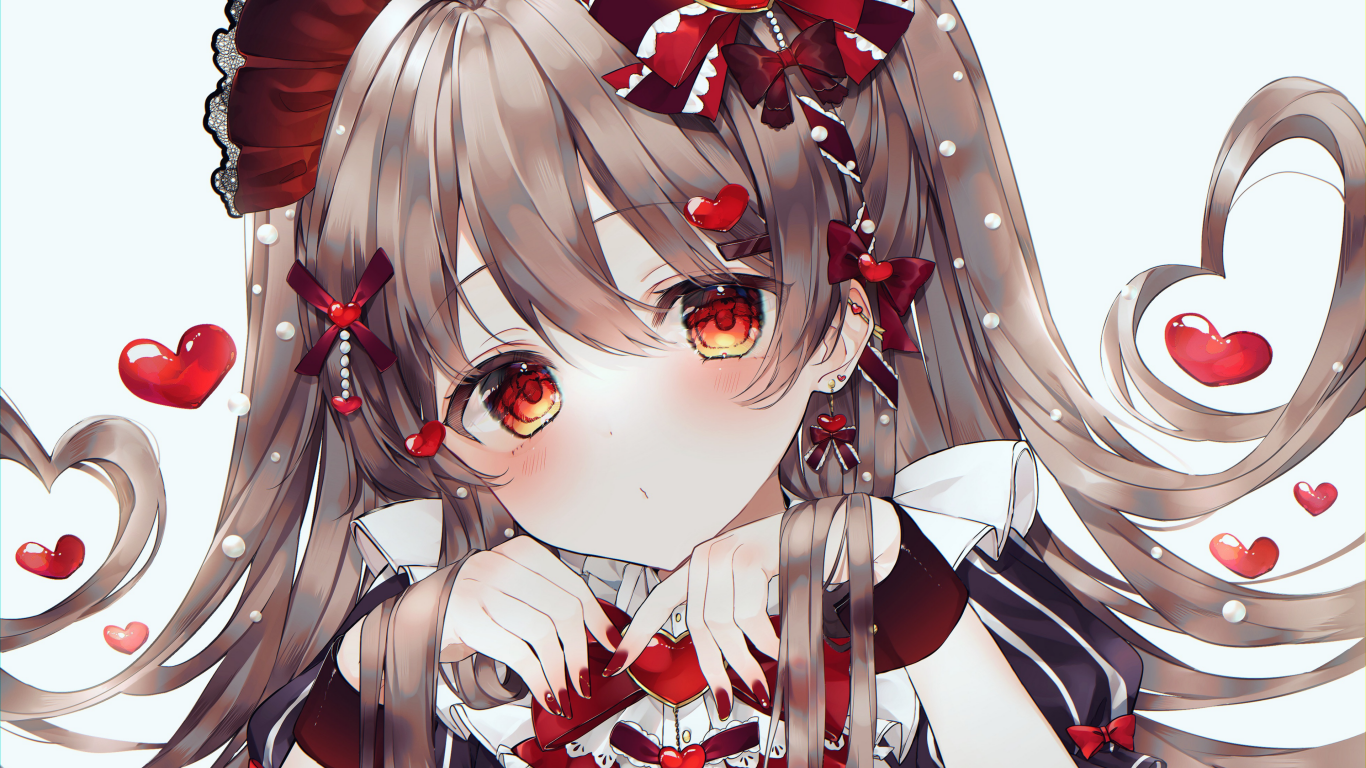 Девушка аниме с красными сердечками