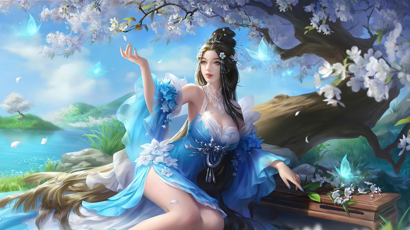Красивая девушка аниме в платье под волшебным деревом