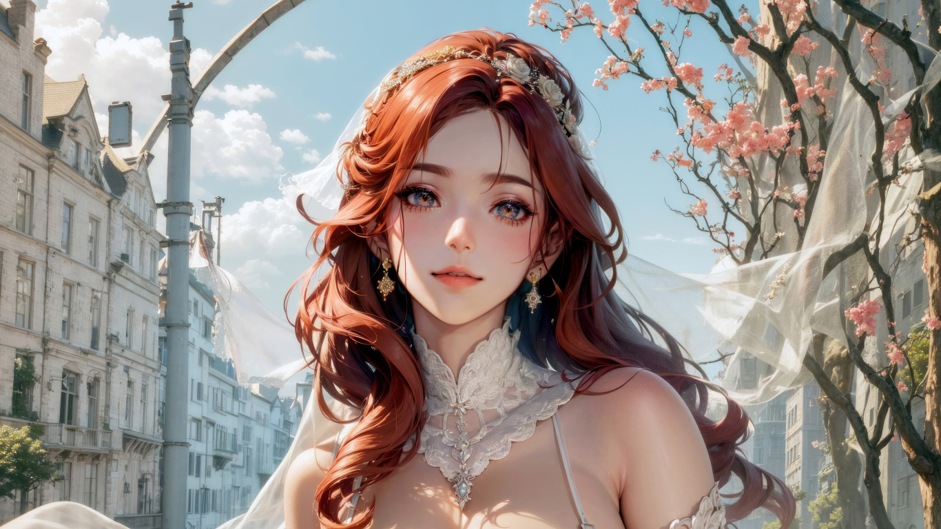 Рыжеволосая девушка аниме в свадебном платье