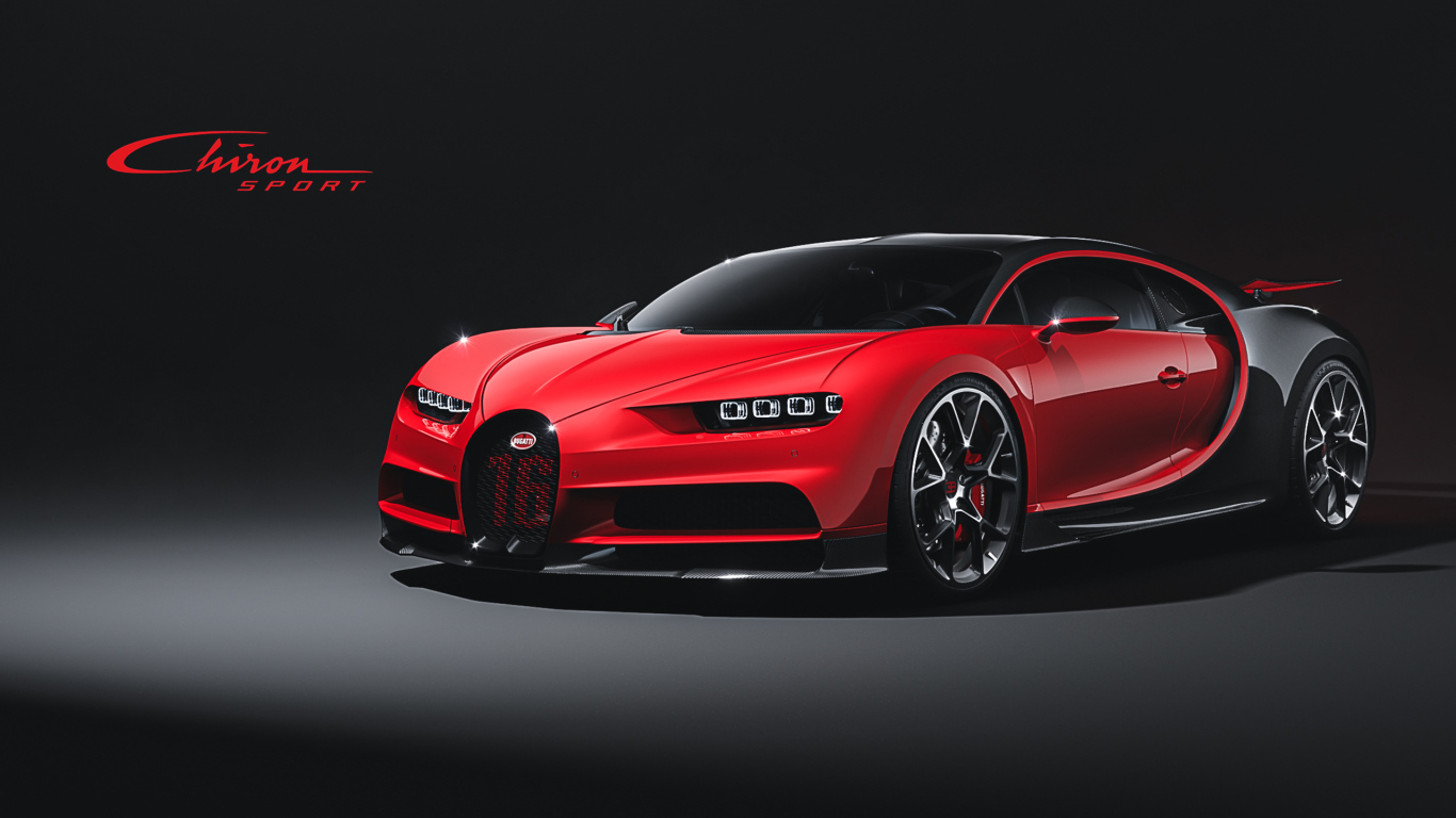 Красный быстрый автомобиль Bugatti Chiron Sport  на черном фоне