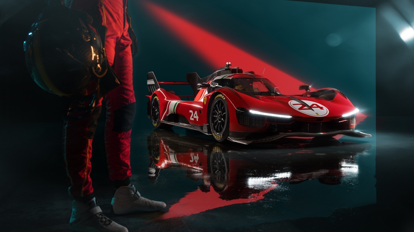 Красный стильный гоночный автомобиль Ferrari 499P Modificata