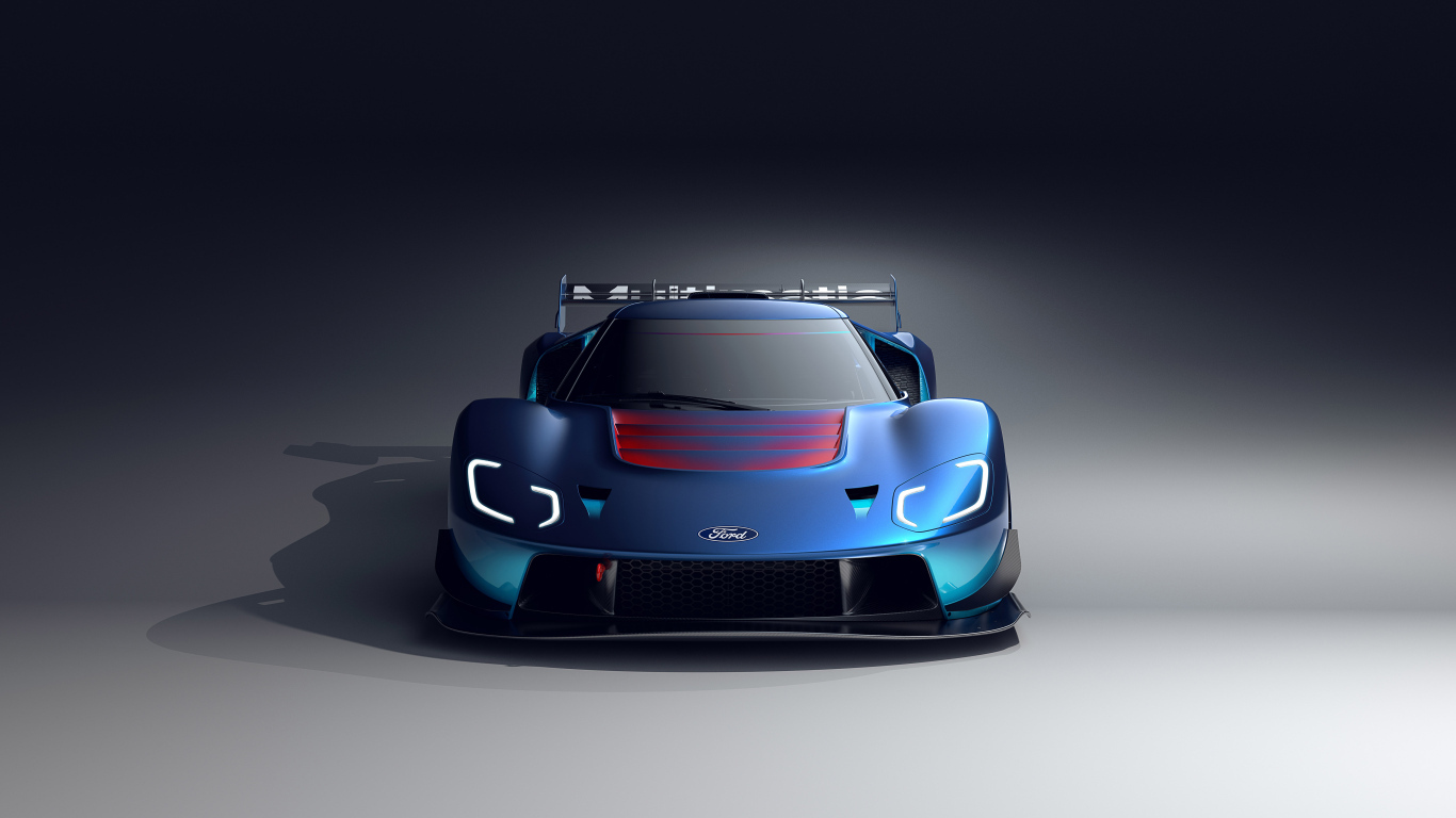 Синий автомобиль Ford GT MkIV 2023 на сером фоне