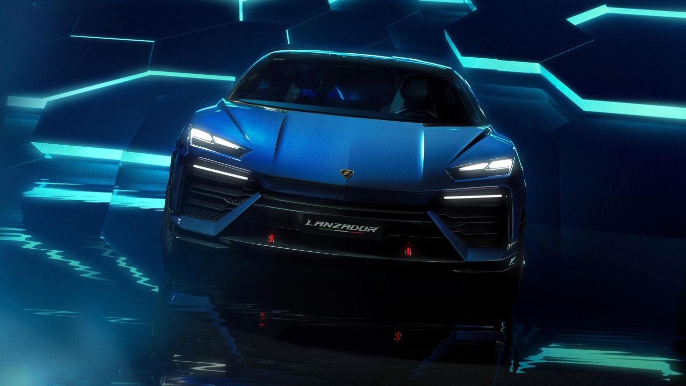 Красивый синий автомобиль Lamborghini Lanzador Concept EV вид спереди