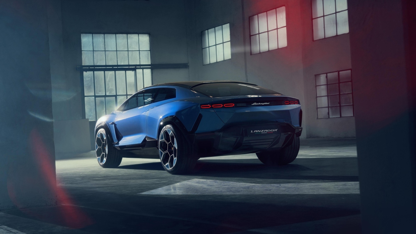 Синий автомобиль Lamborghini Lanzador Concept EV вид сзади