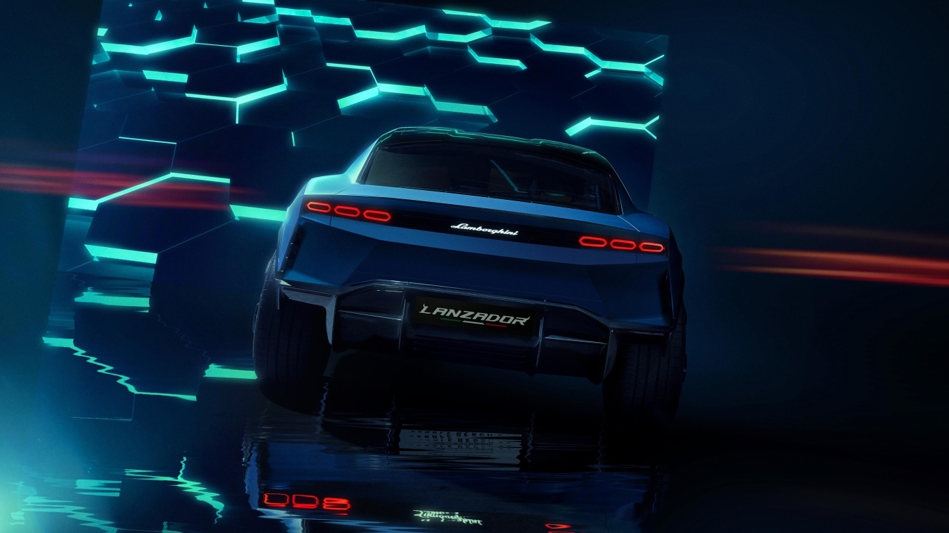 Вид сзади на автомобиль Lamborghini Lanzador Concept EV