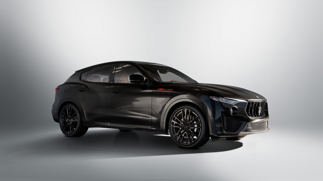 Черный автомобиль Maserati Levante V8 Ultima 2023 года на сером фоне