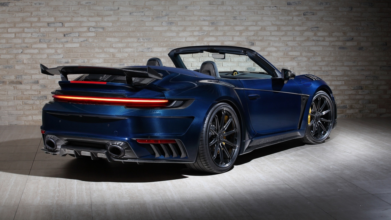 Синий кабриолет Porsche 911 Turbo S Stinger GTR вид сзади